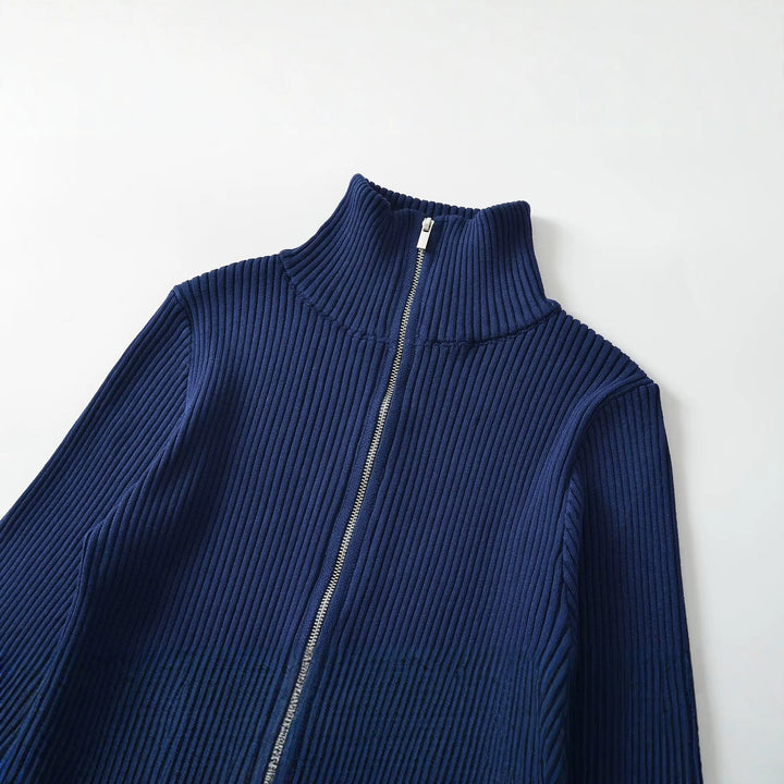 Damen Gerippte Reißverschluss-Strickjacke mit Stehkragen und Kontrastbündchen Echo Archiv