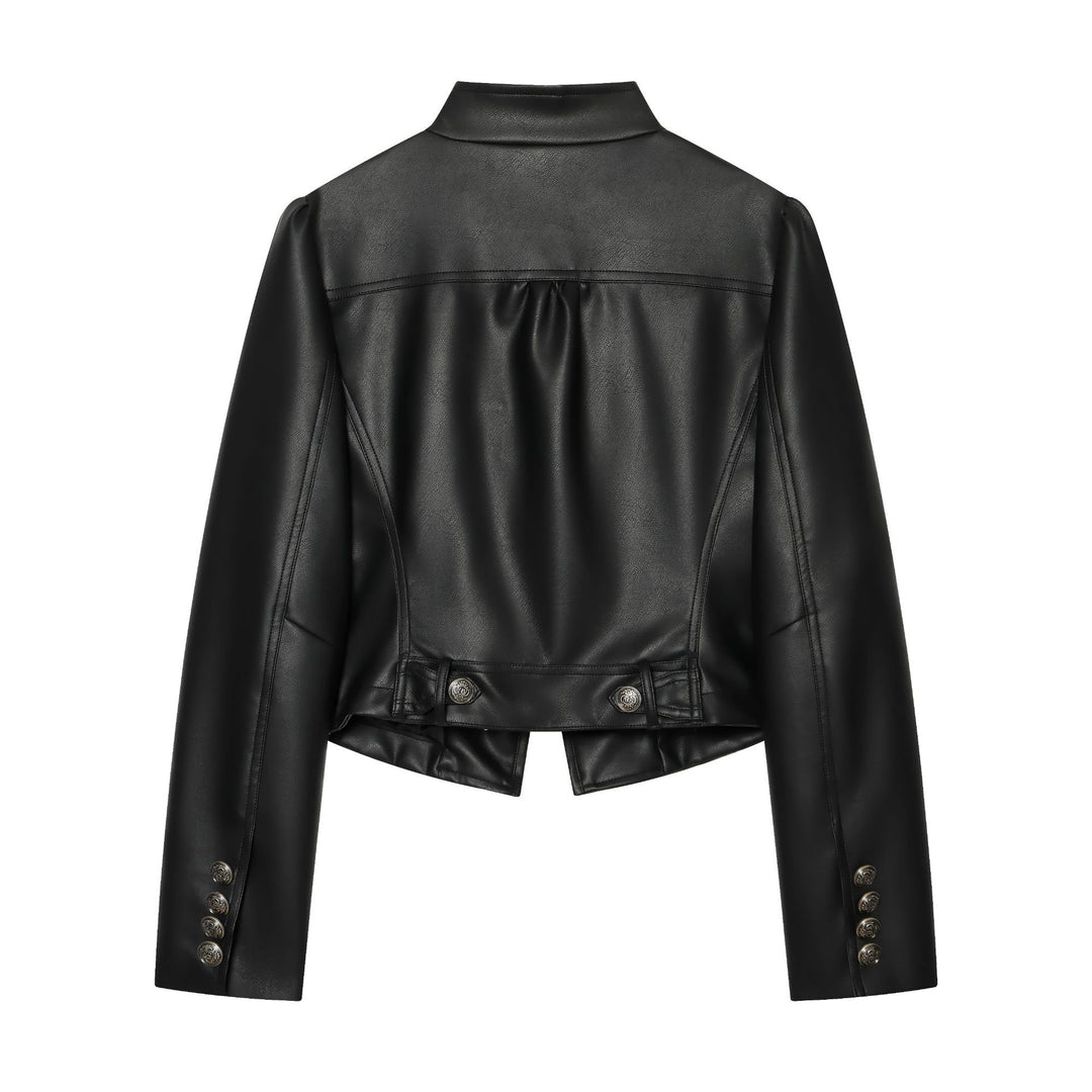 Damen kurzes Kunstleder-Doppelreihenjacke mit Stehkragen und Puffärmeln – Célinea
