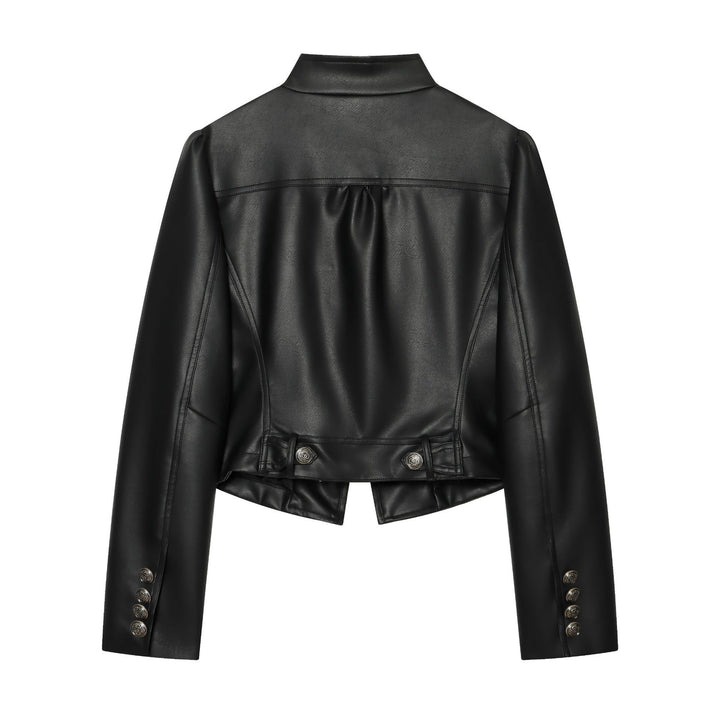 Damen kurzes Kunstleder-Doppelreihenjacke mit Stehkragen und Puffärmeln – Célinea