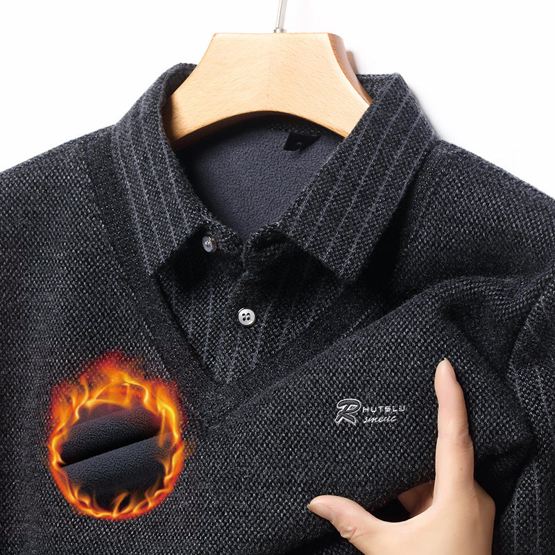 Herren eleganter V-Pullover mit strukturierten Ärmeln und klassischem Hemdkragen Echoarchiv