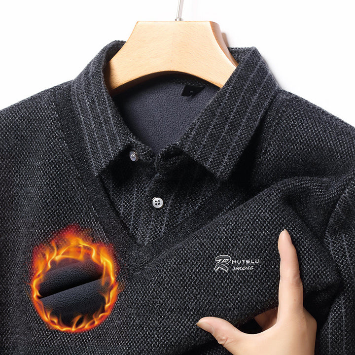 Herren eleganter V-Pullover mit strukturierten Ärmeln und klassischem Hemdkragen Echoarchiv