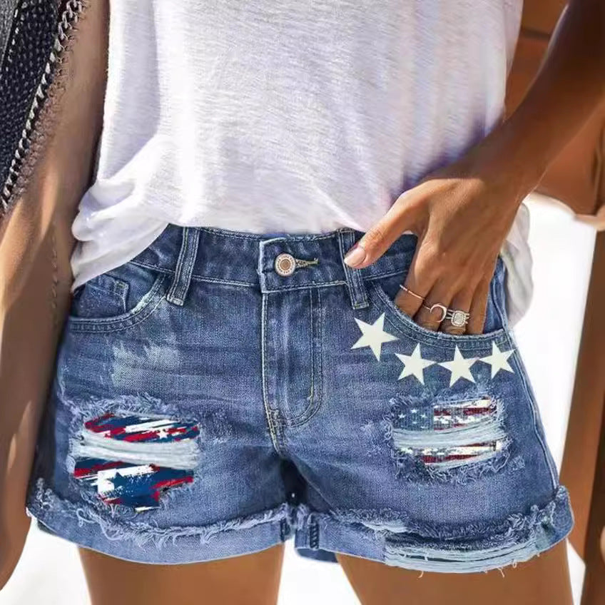 Damen Modische Destroyed Denim-Shorts mit kreativen Aufnähern Echo Archiv