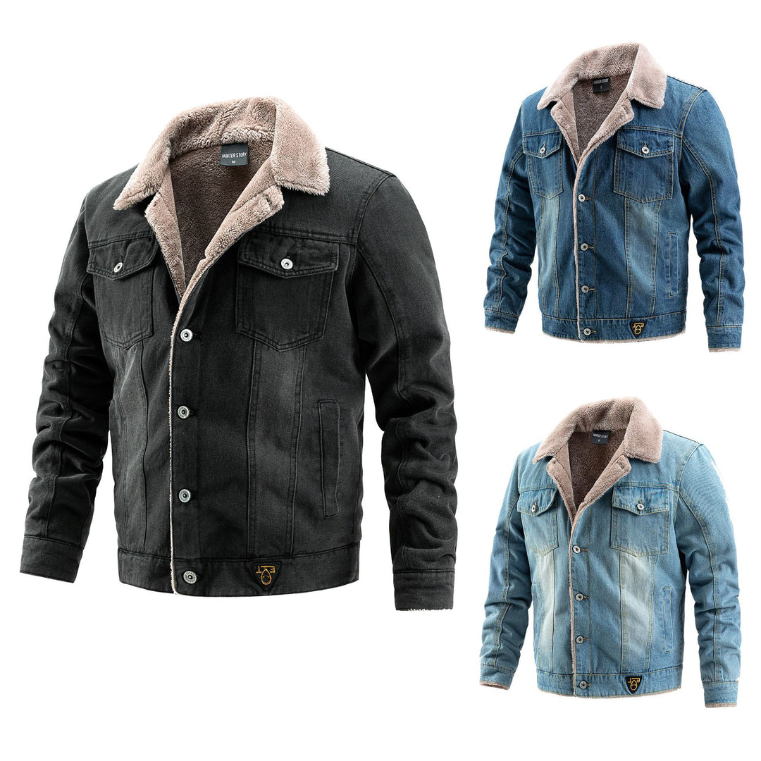Herren Robuste Denim-Truckerjacke mit Sherpa-Futter und Teddykragen Echoarchiv