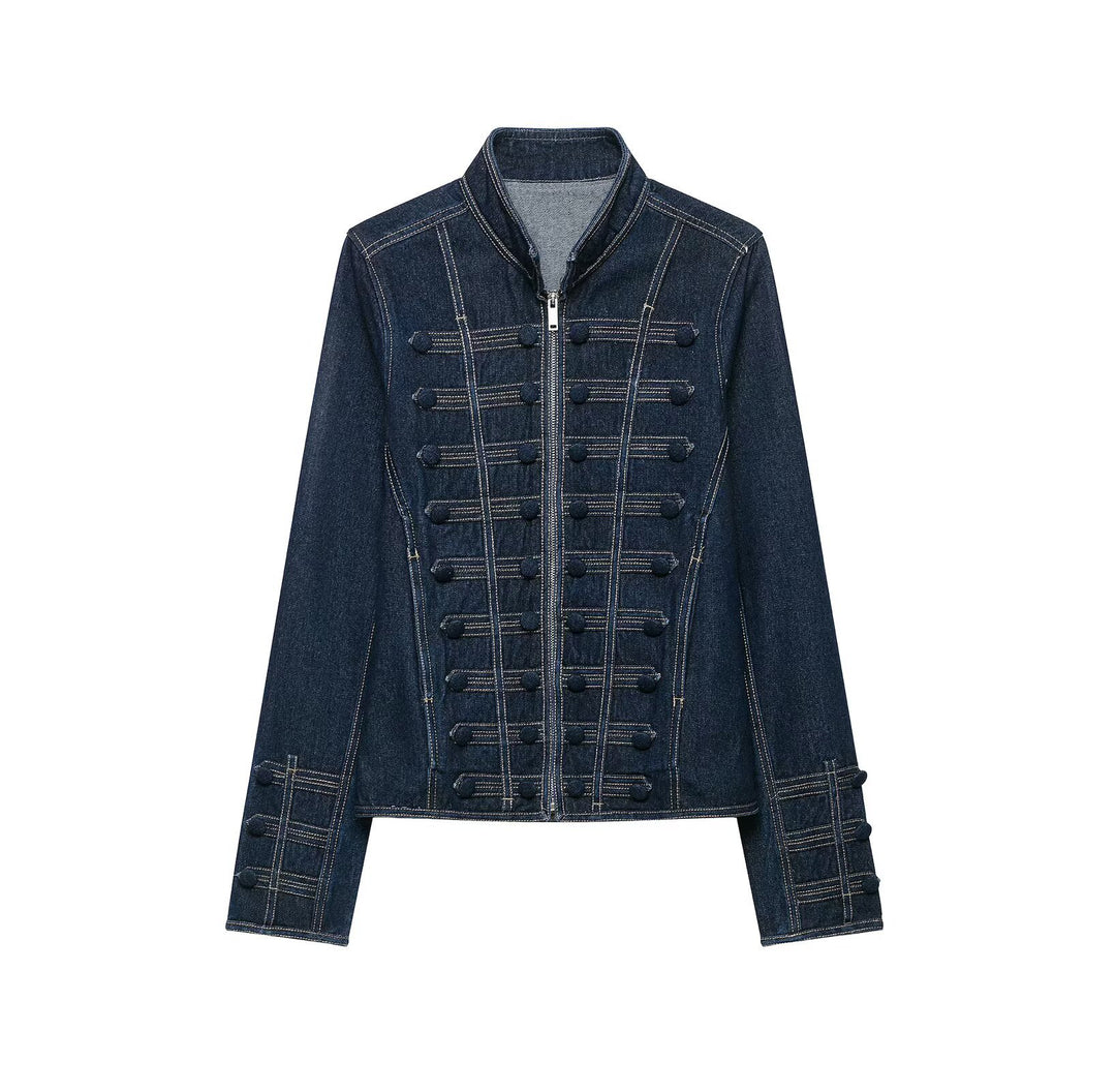Damen Taillierte Denimjacke mit militärischen Galon‑Details und Stehkragen Echo Archiv