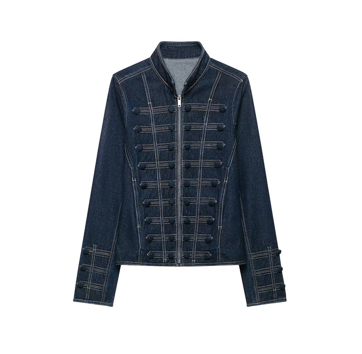Damen Taillierte Denimjacke mit militärischen Galon‑Details und Stehkragen Echo Archiv