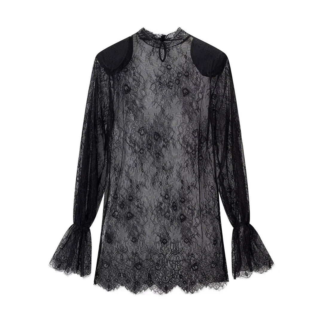 Damen transparente Spitzenbluse mit Stehkragen, Trompetenärmeln und Spitzensaum Echo Archiv