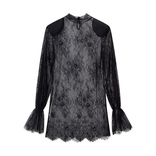 Damen transparente Spitzenbluse mit Stehkragen, Trompetenärmeln und Spitzensaum Echo Archiv