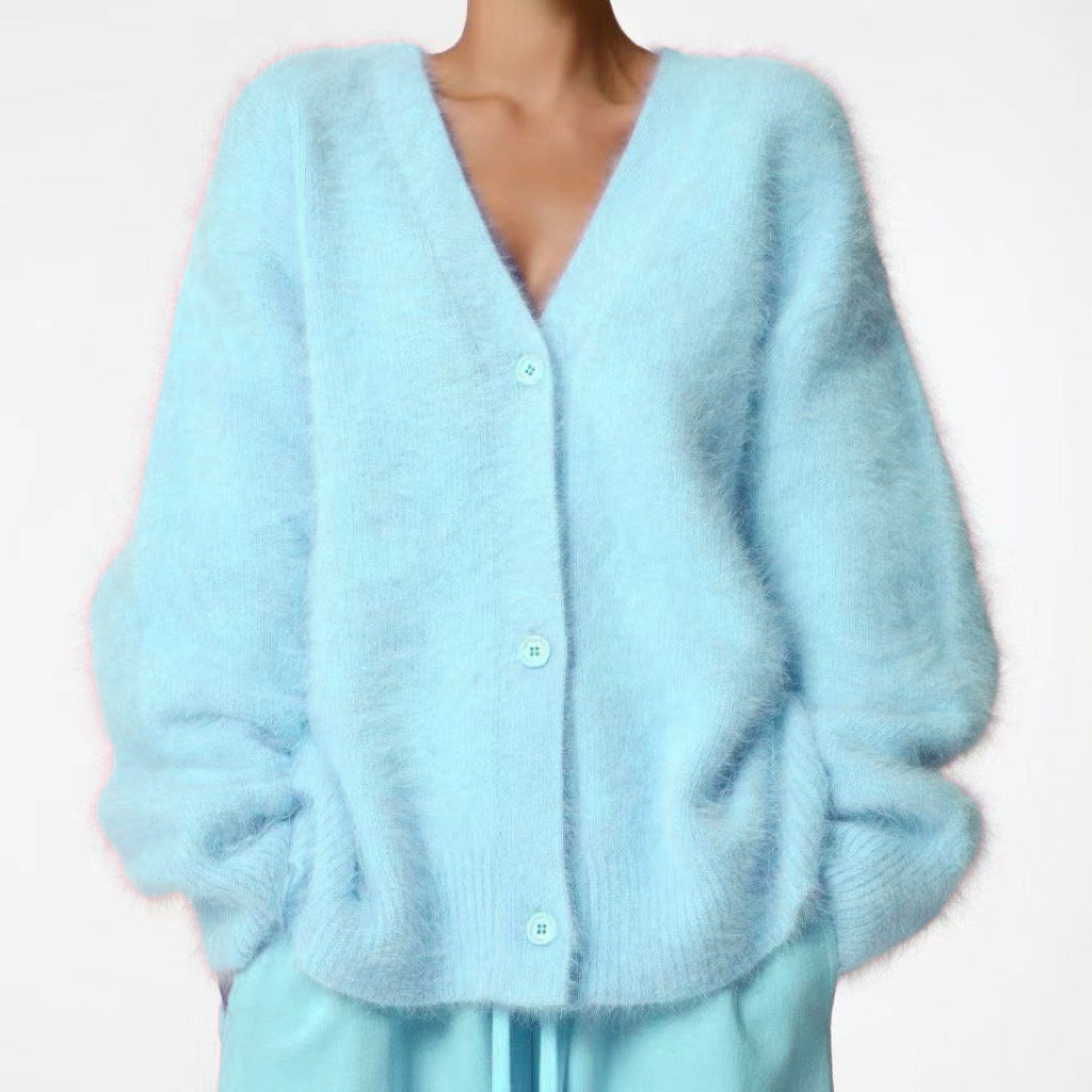 Damen Kuscheliger Oversize-Cardigan aus Teddy-Strick mit tiefem V-Ausschnitt – Veloura