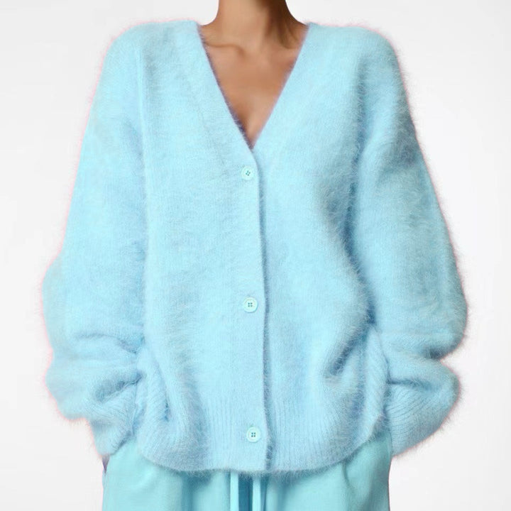 Damen Kuscheliger Oversize-Cardigan aus Teddy-Strick mit tiefem V-Ausschnitt – Veloura