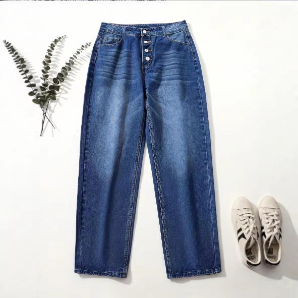 Damen High‑Waist Relaxed-Fit Jeans im Boyfriend-Stil mit Sichtbarer Knopfleiste und Aufgekrempeltem Saum Echo Archiv