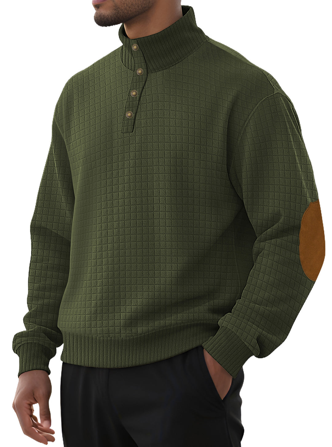 Herren modischer Stehkragenpullover mit strukturiertem Design und Lederapplikationen Echoarchiv