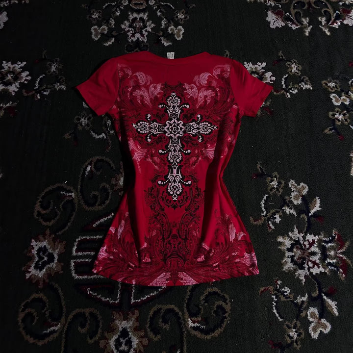 Damen T-Shirt mit dekorativem Kreuzdesign und floralen Akzenten Echo Archiv