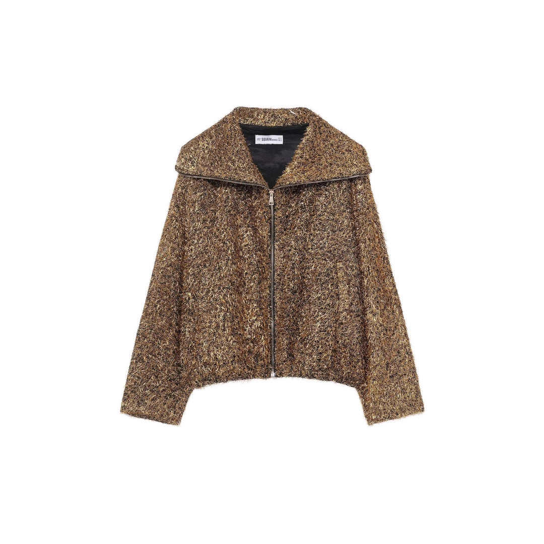Damen cropped Glitzer-Strickjacke mit Reißverschluss und weitem Schalkragen – Veloura