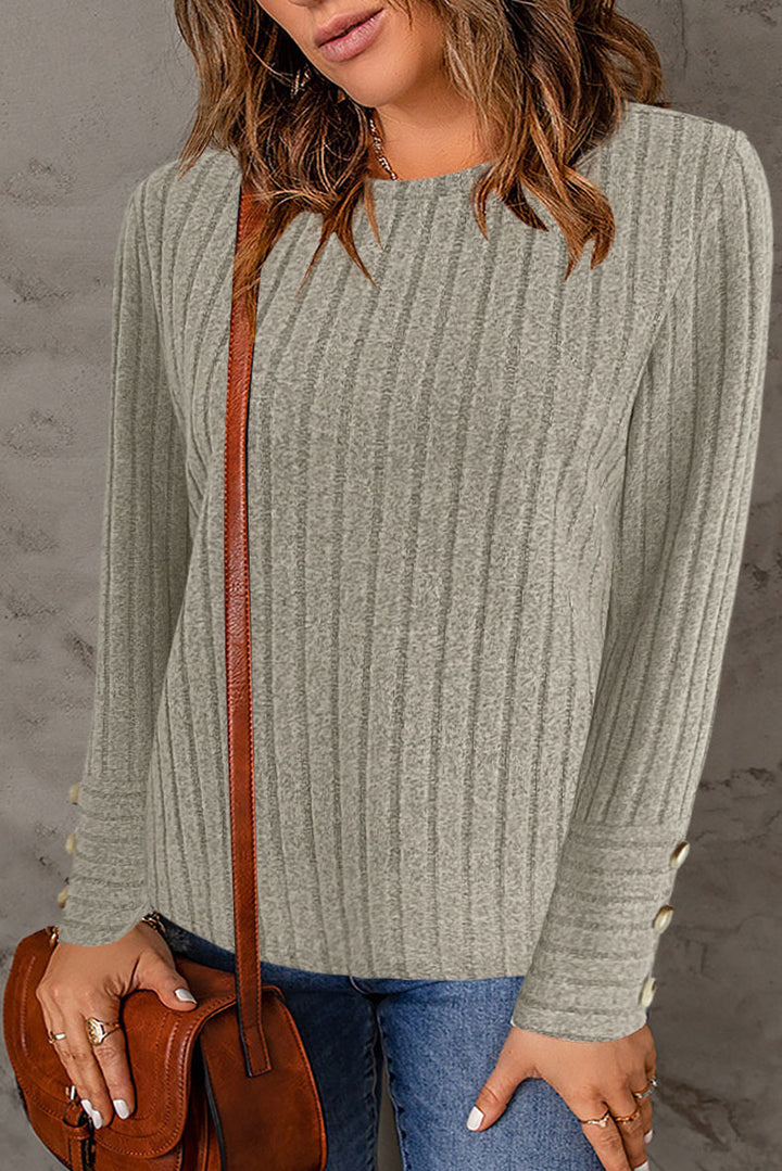 Damen Gerippter Feinstrick-Pullover mit Rundhals und Perlmuttknopf‑Manschetten Echoarchiv