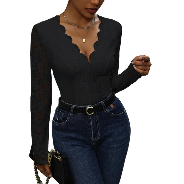 Damen Spitze Bodysuit mit V-Ausschnitt und langen Ärmeln Echoarchiv