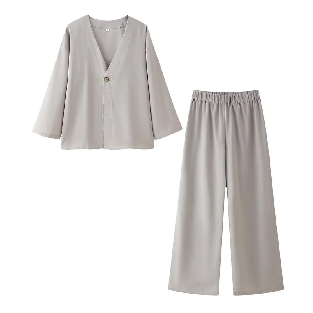 Damen lässiges Zweiteiler-Set mit V‑Ausschnitt Bluse und weitem Bundhose – Élanora