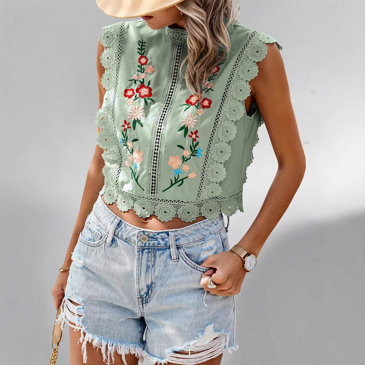 Damen Besticktes Spitzen-Cropped-Top mit Stehkragen und Häkelkanten Echo Archiv