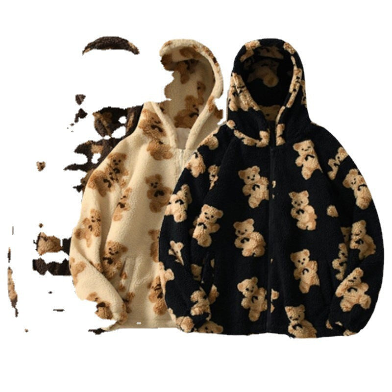 Damen gemütliche Fleecejacke mit Kapuze und süßem Bärenmuster Echoarchiv