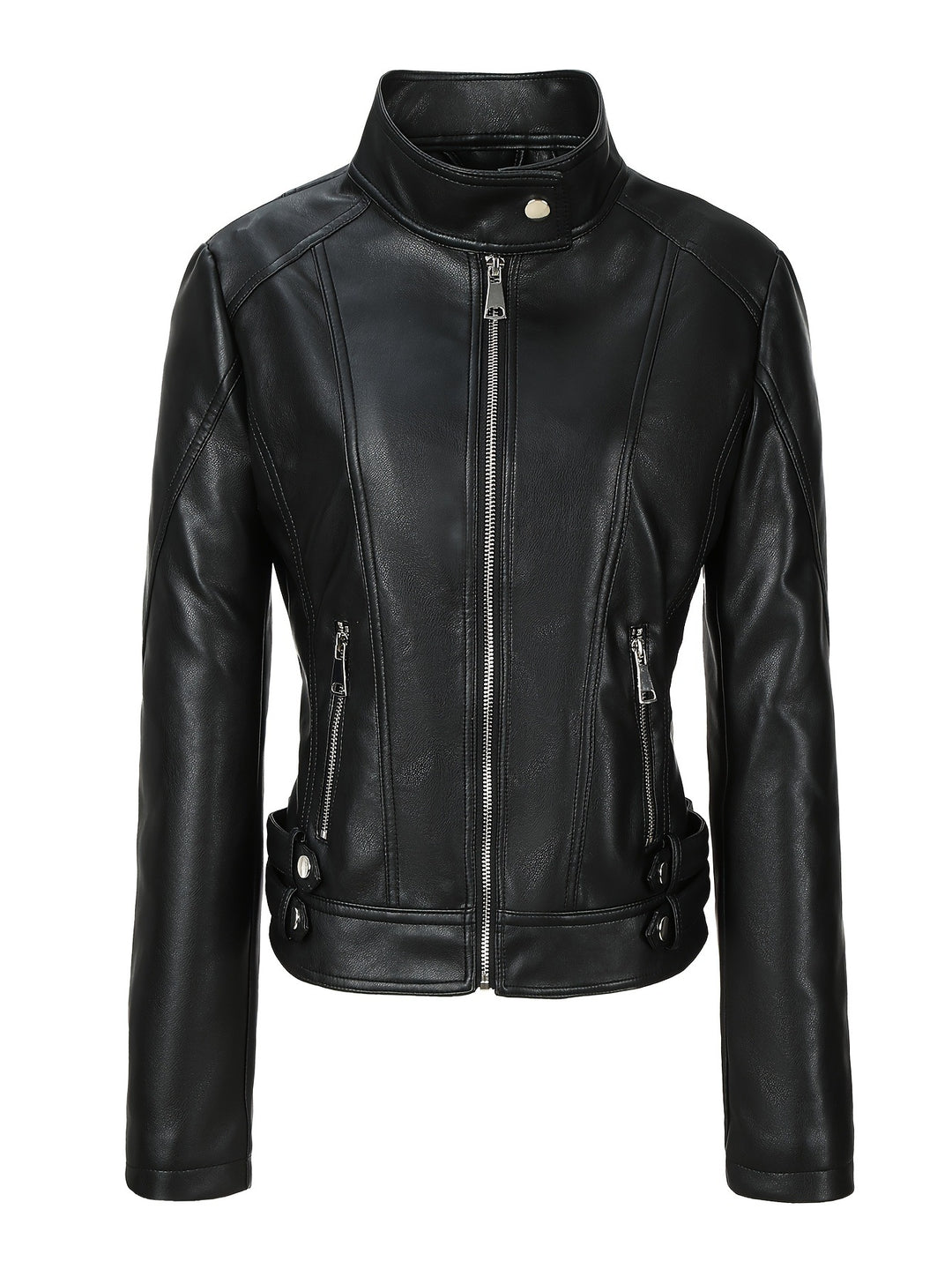 Damen Modische Kunstlederjacke mit Reißverschluss und seitlichen Taschen – Célinea