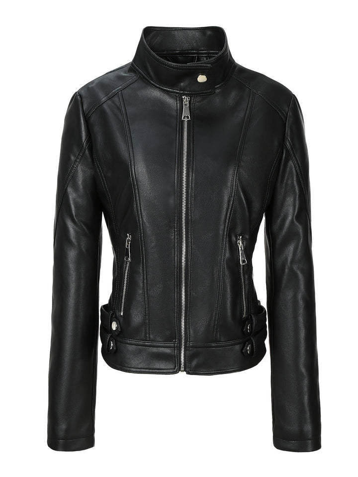 Damen Modische Kunstlederjacke mit Reißverschluss und seitlichen Taschen – Célinea