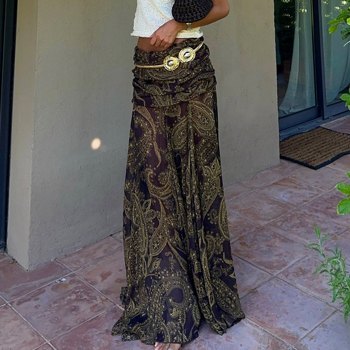 Damen Langer Chiffon-Rock mit gerafftem Bund, Paisley-Print und Zipfelsaum – Valéora