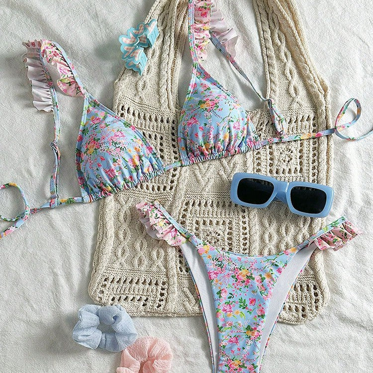 Damen Triangel-Bikini-Set mit floralen Rüschendetails und verstellbaren Trägern Echo Archiv