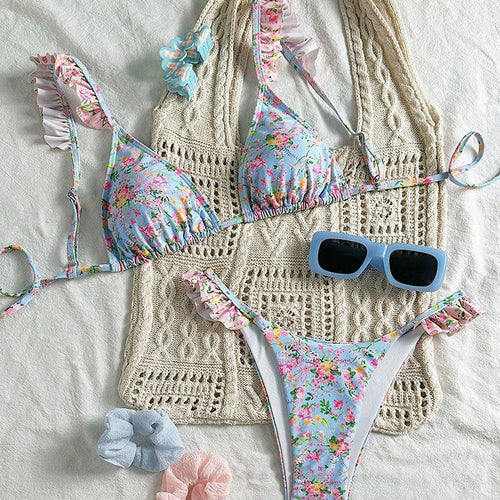 Damen Triangel-Bikini-Set mit floralen Rüschendetails und verstellbaren Trägern Echo Archiv