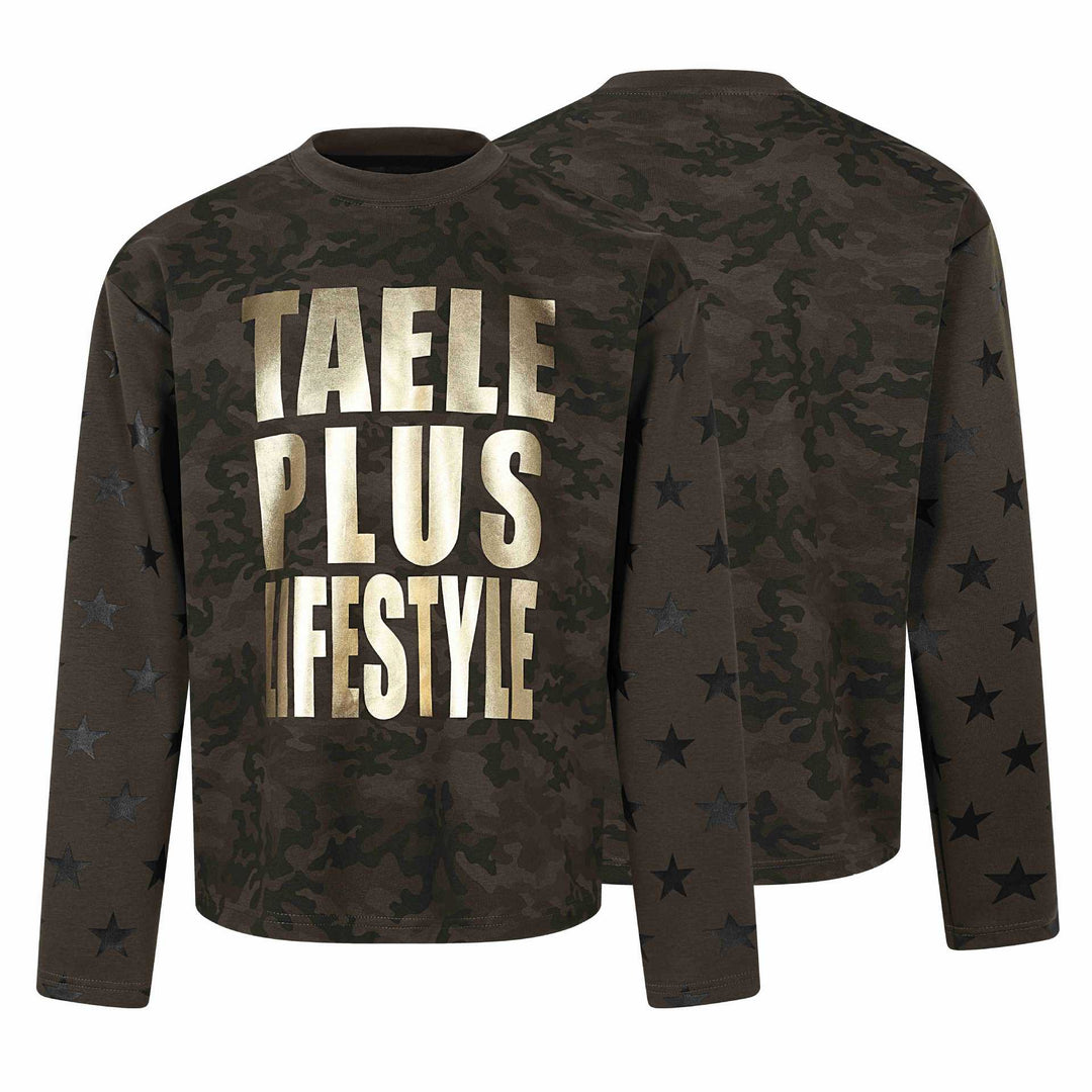 Unisex Oversize Sweatshirt mit Camouflage-Print, Sternärmel-Applikation und großflächigem Metallic-Print Echoarchiv