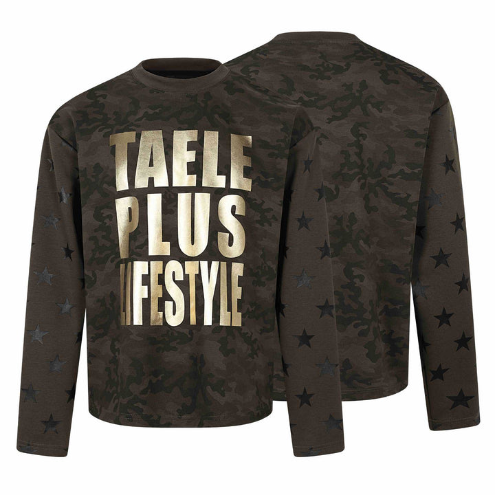 Unisex Oversize Sweatshirt mit Camouflage-Print, Sternärmel-Applikation und großflächigem Metallic-Print Echoarchiv