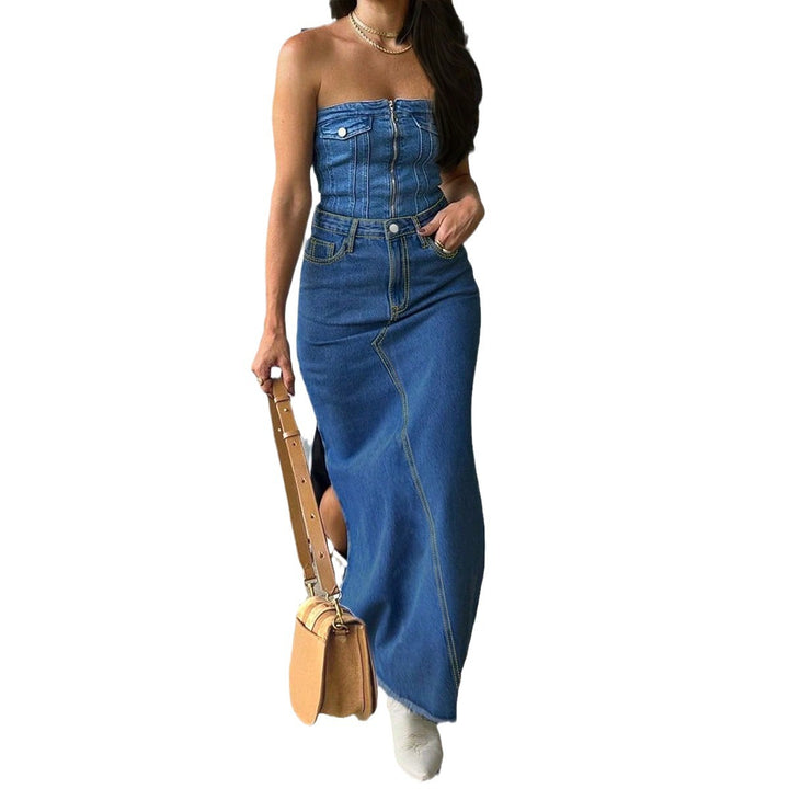 Damen High-Waist Maxirock aus Denim mit frontaler Ziernaht und seitlichem Beinschlitz Echo Archiv