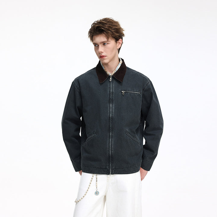 Herren Freizeitjacke aus gewaschenem Baumwollcanvas mit Cordkragen und Reißverschluss-Tasche Echoarchiv