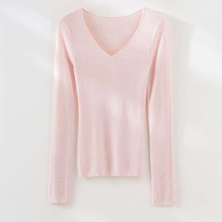 Damen Feiner gerippter Feinstrickpullover mit V-Ausschnitt und taillierter Silhouette Echoarchiv