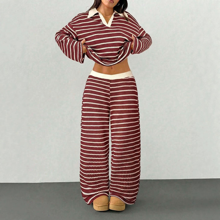 Damen Gestreiftes Strick-Set aus Polokrippenpullover und weiten Palazzo-Strickhose Echo Archiv