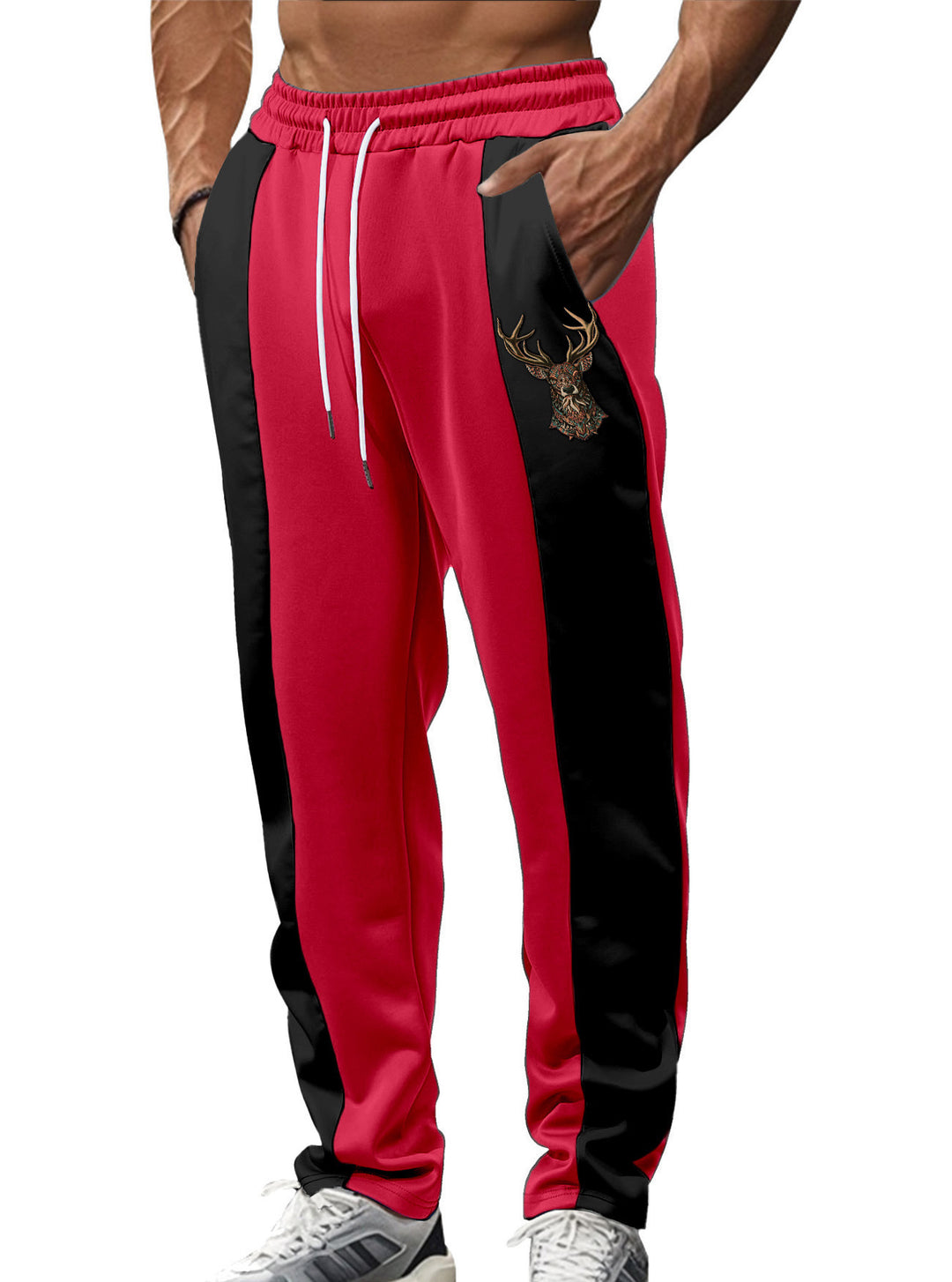 Herren nan sportive Trackpants mit seitlichen Kontrastbahnen elastischem Bund Kordelzug und Hirschstickerei Echo Archiv