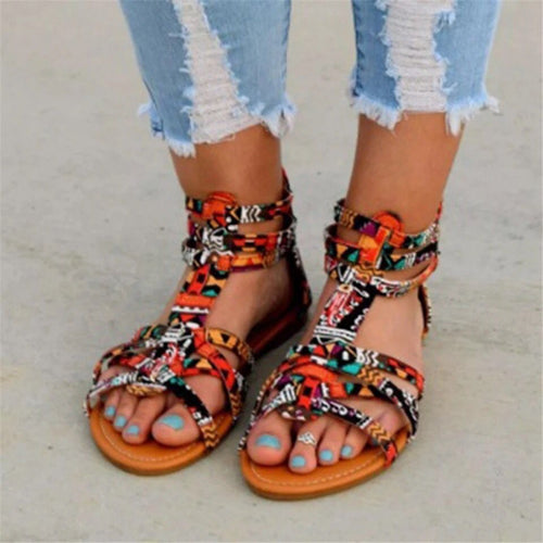 Damen Boho-Sandalen mit verstellbaren Knöchelriemen und Ethno‑Print – Sorelia