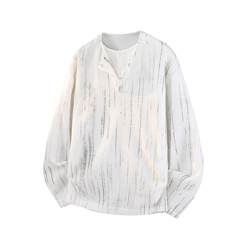 Herren Oversize Strickpullover mit Henley-Ausschnitt und feiner Strukturstreifen Echoarchiv