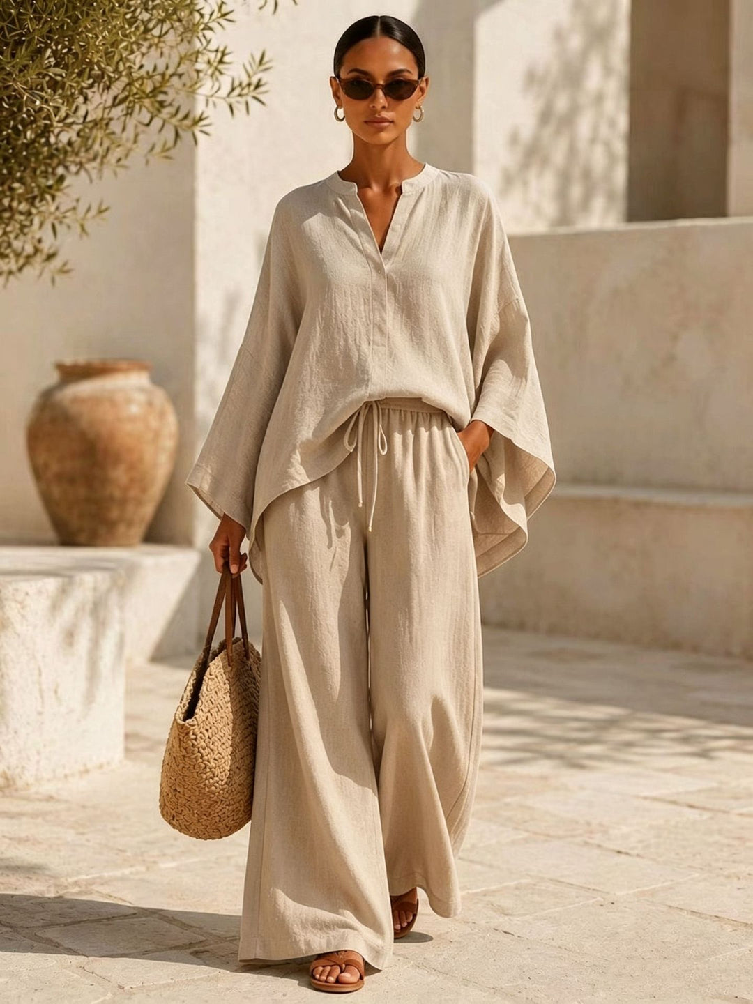 Damen Leichte Leinenmischung Übergroße Kaftan-Oberteil und Kordelzug Weitbein-Hosen Set – Élanora