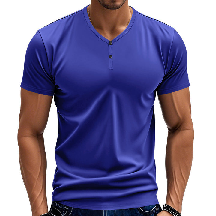 Herren Kurzarm Henley-T-Shirt mit modischem V-Ausschnitt und Knopfdetails Echoarchiv