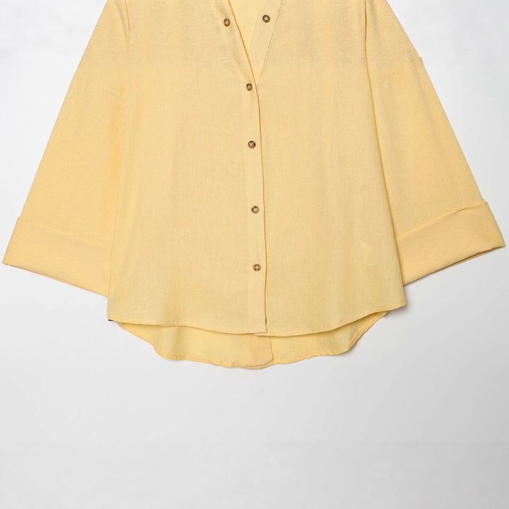 Damen Oversized Leinenbluse mit Kimonoärmeln und durchgehender Knopfleiste Echo Archiv