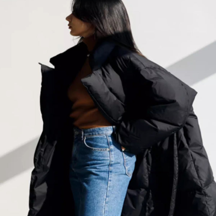 Damen Wattierter Longline-Parka mit Wickel-Bindegürtel und Volumenärmeln – Montévia