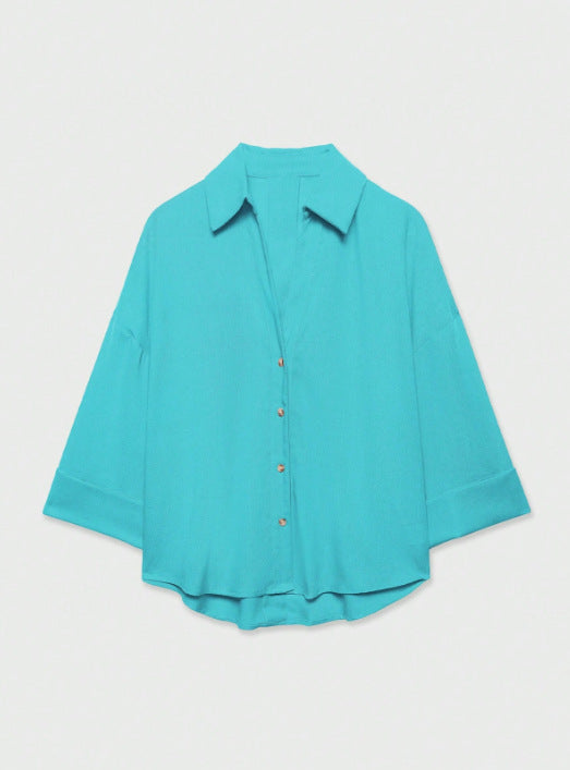 Damen Leichte Oversize Leinenoptik Bluse mit Dreiviertelärmeln und durchgehender Knopfleiste Echoarchiv