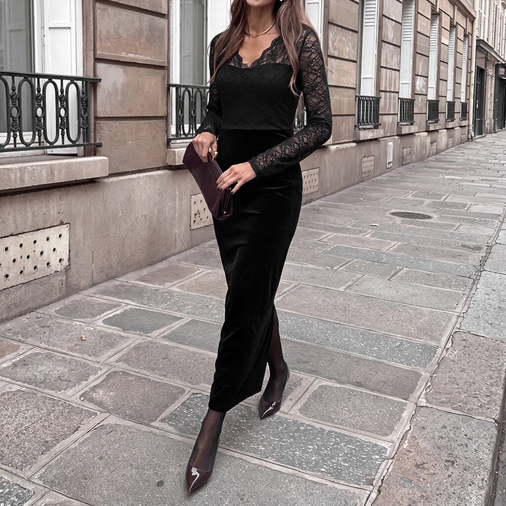 Damen Elegantes Langarm Maxikleid aus Samt und Spitze Echo Archiv