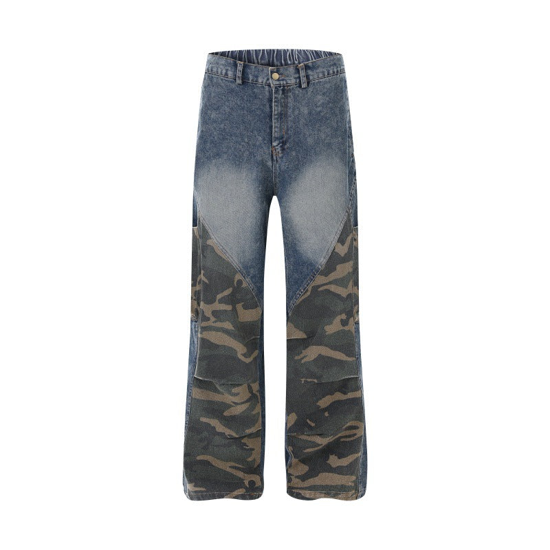 Damen Weite High‑Waist Denim‑Cargohose mit Camouflage‑Einsätzen Echoarchiv