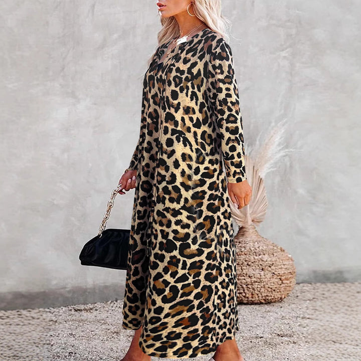 Damen Maxikleid im Hemdblusenstil mit Leopardenmuster, V-Ausschnitt und Dreiviertelärmeln – Valéora