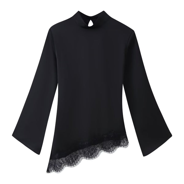 Damen Asymmetrisches Satin-Top mit Spitzenbesatz, Stehkragen und Glockenärmeln Echo Archiv
