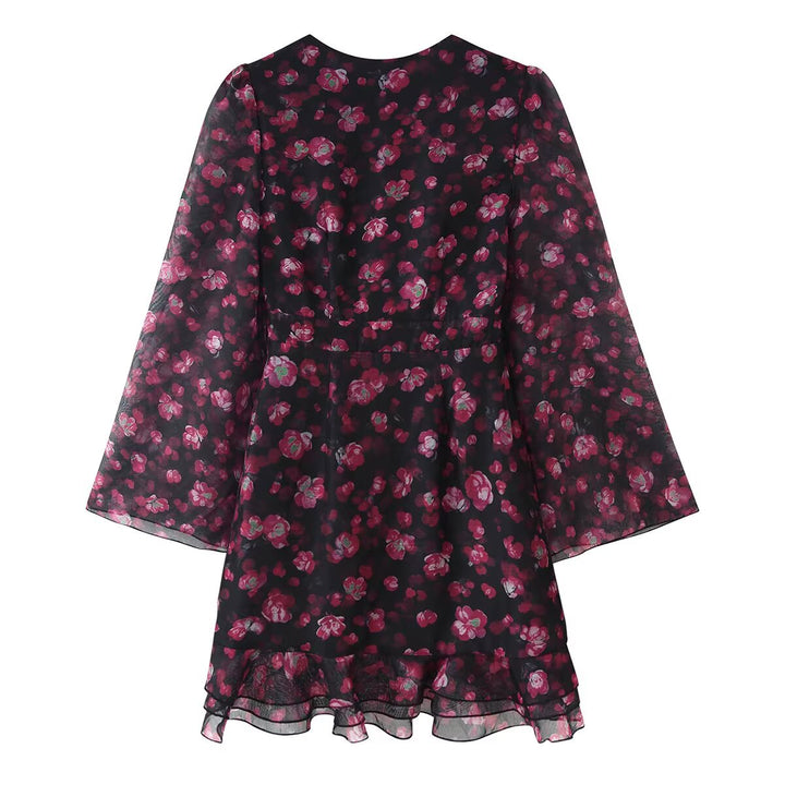 Damen Florales Chiffon-Minikleid mit tiefem V-Ausschnitt, Glockenärmeln und Stufenvolant Echo Archiv