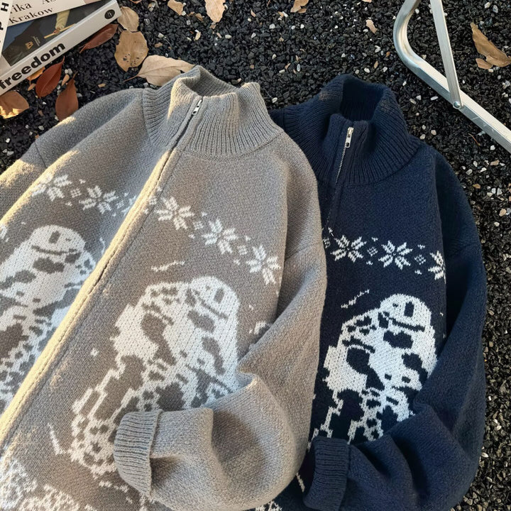 Unisex Übergroße Strickjacke mit durchgehendem Reißverschluss, hohem Rippkragen und Eulen-Intarsien Echoarchiv