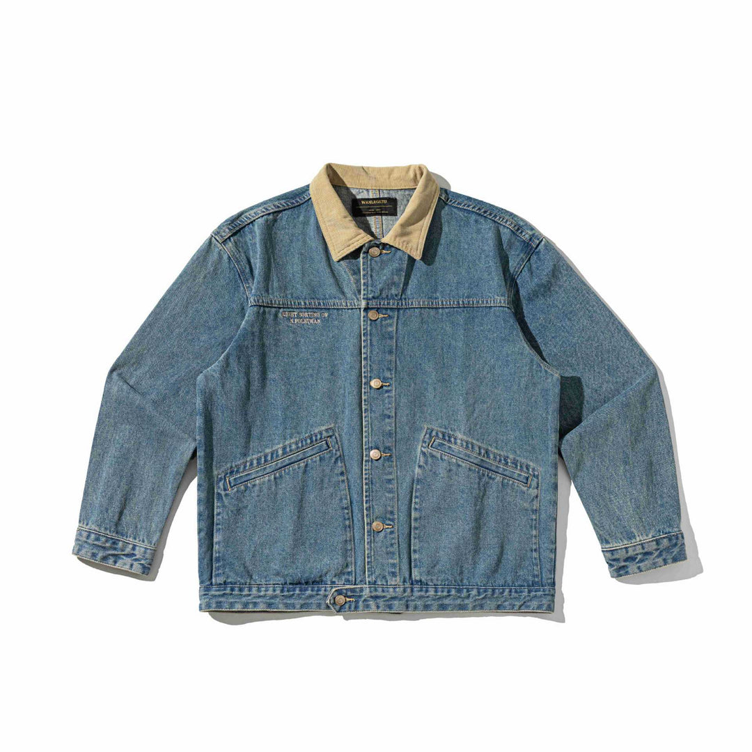 Unisex Boxy-Denim-Blousonjacke mit Cordkragen und Utility-Taschen Echoarchiv