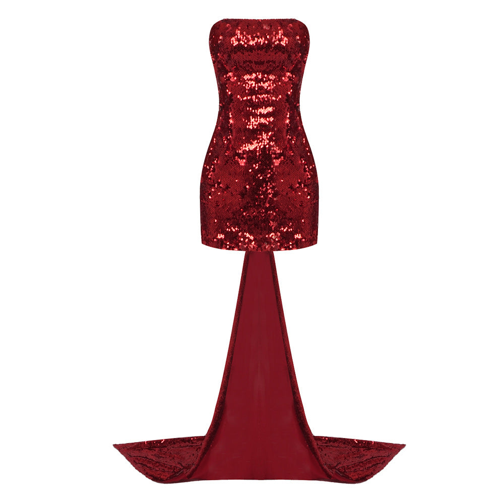 Damen Glitzerndes Abendkleid mit Schleppe und trägerlosem Design Echo Archiv