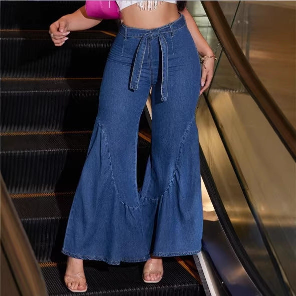 Damen Hochtaillierte Denim-Palazzo-Jeans mit überlappendem V-Bund, weitem Schlag und Frontschlitz Echo Archiv